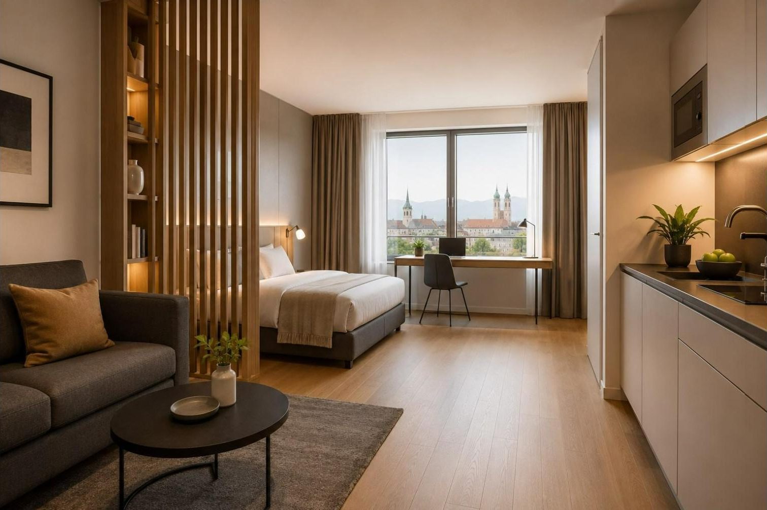 Hochwertig möbliertes Apartment mit Küche und Blick über die Stadt
